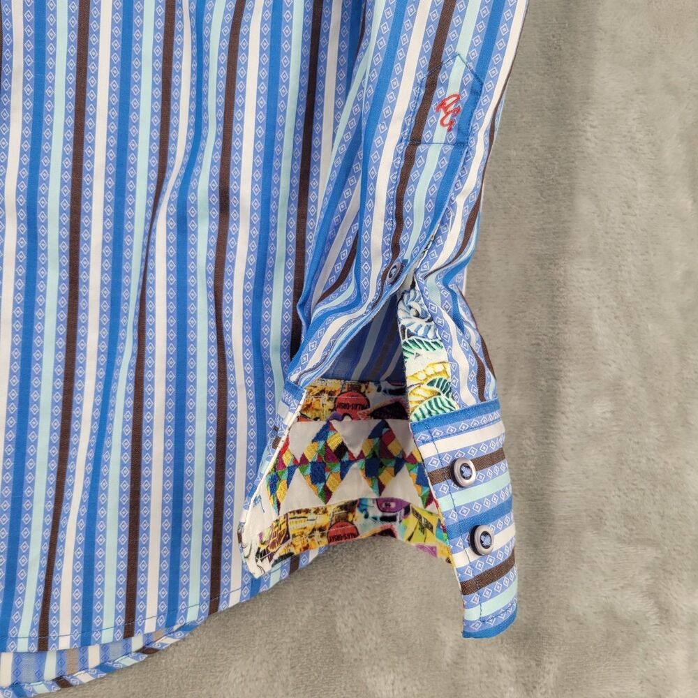 Robert Graham Men's Dress Shirt Size Large Blue Stripes Paris Hotel Flip Cuff - Picture 9 of 13